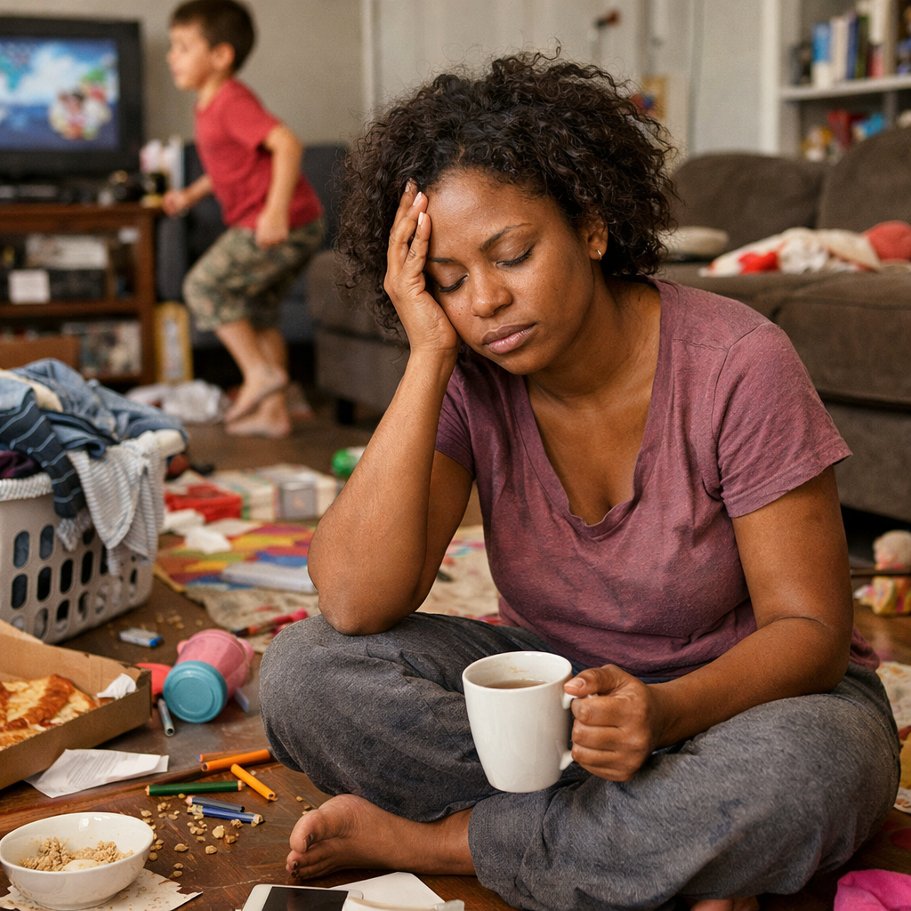 Tired woman sitting on floor holding coffee cup in messy living room with child playing behind