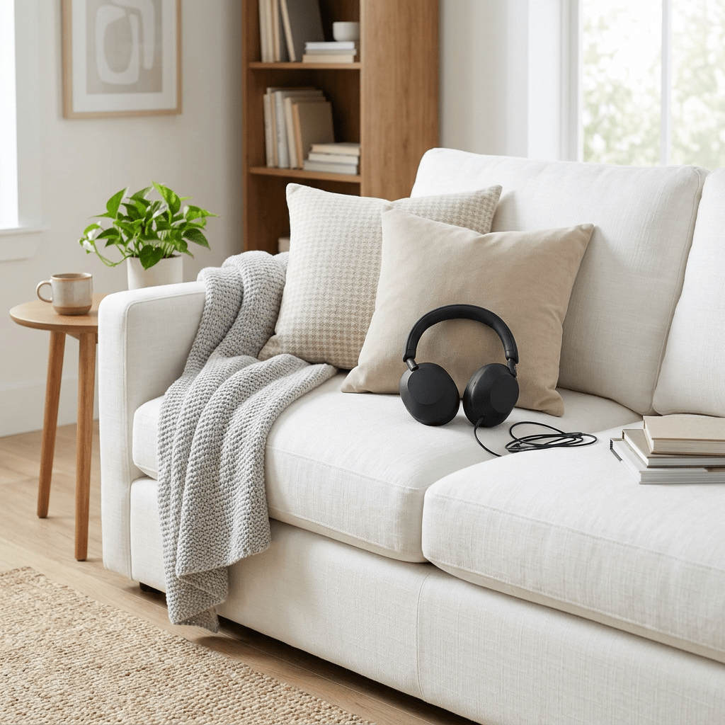 Black wired headphones resting on beige pillows on a light-colored sofa with a gray knitted blanket and books nearby