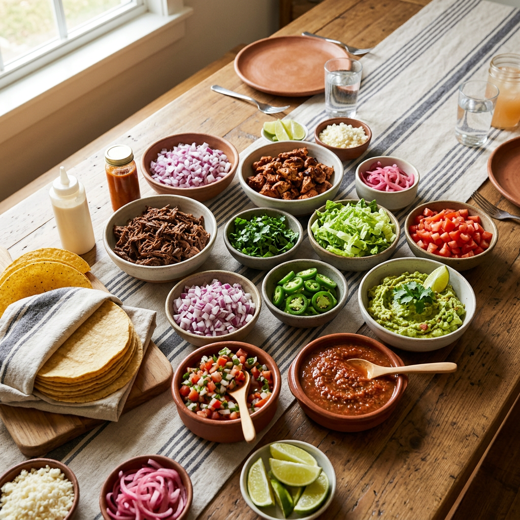 Bowls of taco toppings including chopped onions, tomatoes, cilantro, jalapeños, lettuce, guacamole, salsa, and shredded meats with tortillas on a wooden table